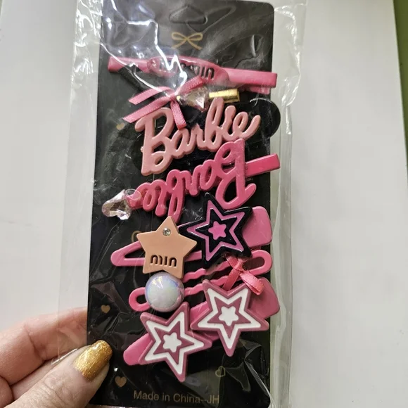Barbie Hair Clip Set Pink and Black Star Heart Bow Rhinestones - Picture 4 of 6
